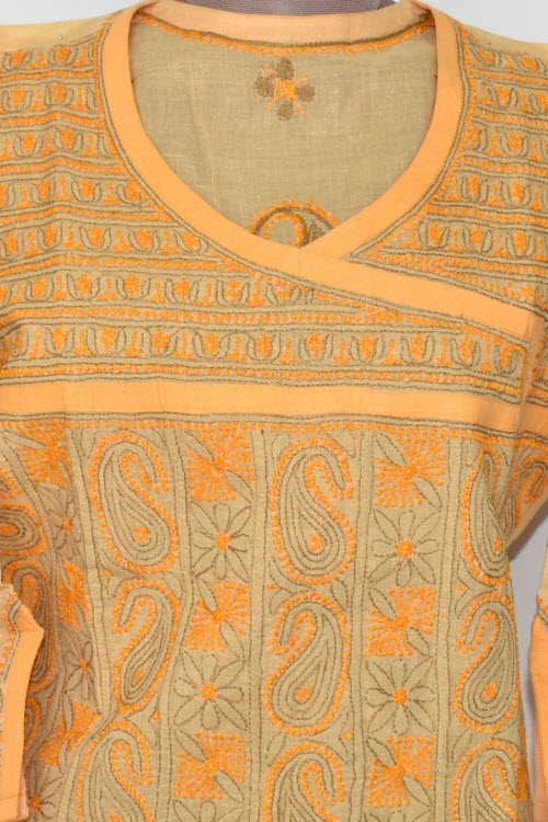 M 40 Fawn-Orange Chikankari Stitched Cotton Short Kurti Angrakha Style 17920