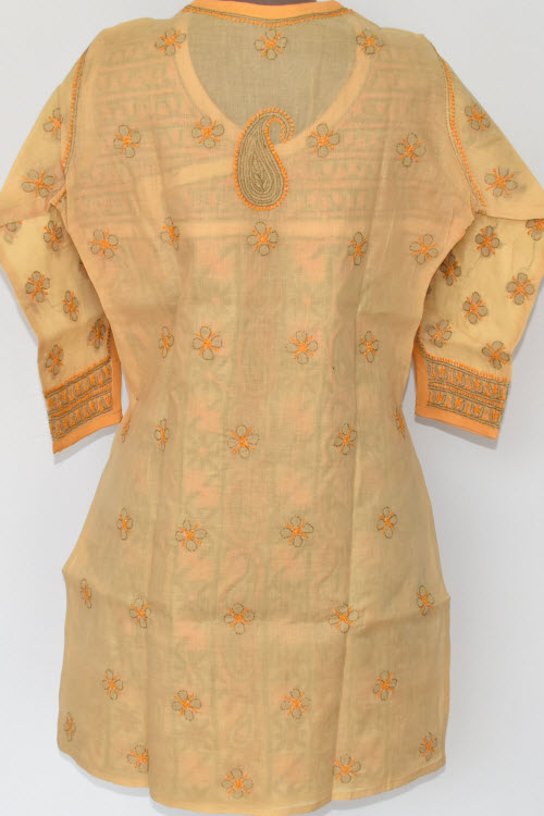 M 40 Fawn-Orange Chikankari Stitched Cotton Short Kurti Angrakha Style 17920