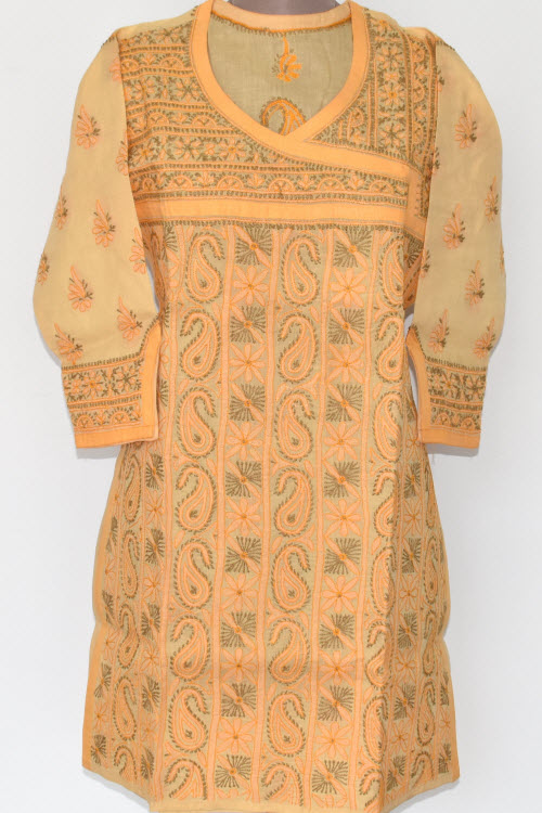 M 40 Fawn-Grey Chikankari Stitched Cotton Short Kurti Angrakha Style 17921