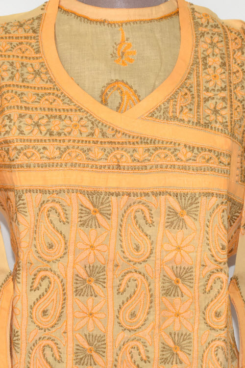 M 40 Fawn-Grey Chikankari Stitched Cotton Short Kurti Angrakha Style 17921