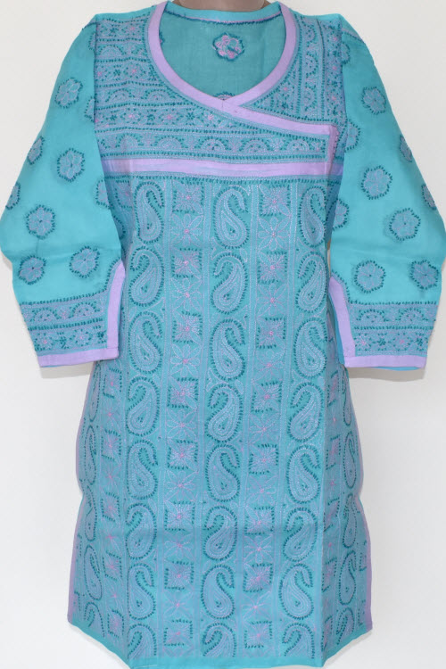 M 40 Sea Green Chikankari Stitched Cotton Short Kurti Angrakha Style 17922