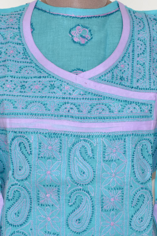 M 40 Sea Green Chikankari Stitched Cotton Short Kurti Angrakha Style 17922