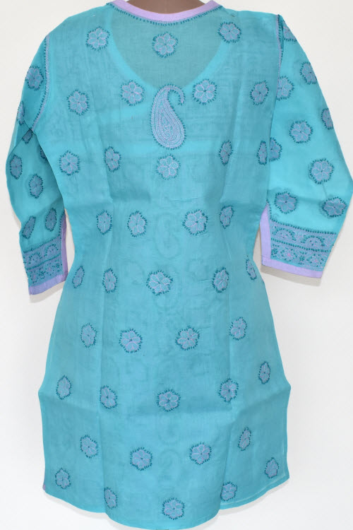 M 40 Sea Green Chikankari Stitched Cotton Short Kurti Angrakha Style 17922