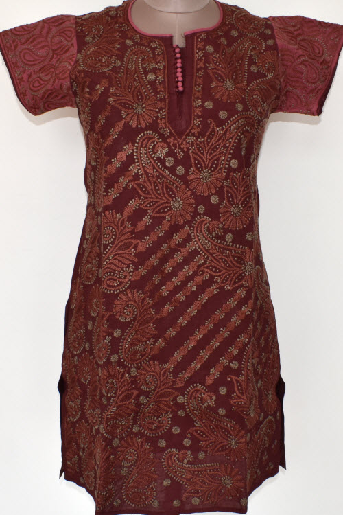 XS 36 Maroon Chikankari Stitched Cotton Short Kurti 17928