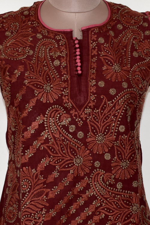 XS 36 Maroon Chikankari Stitched Cotton Short Kurti 17928