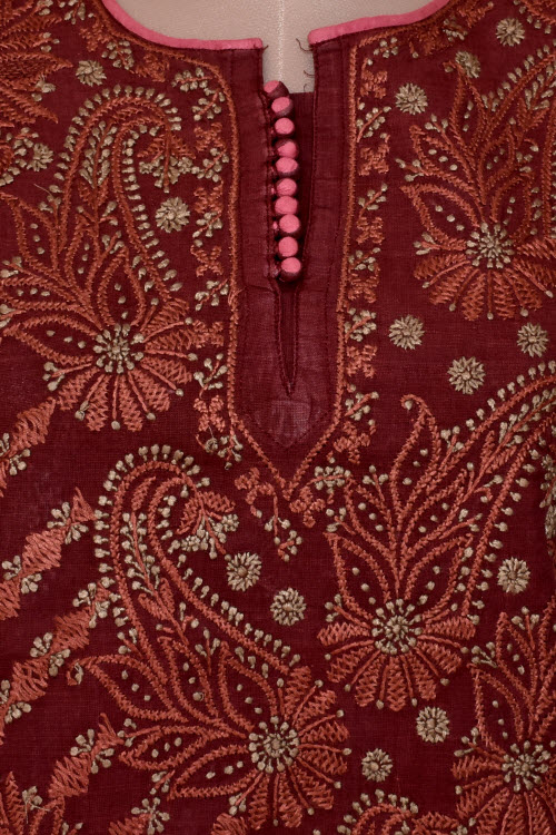 XS 36 Maroon Chikankari Stitched Cotton Short Kurti 17928