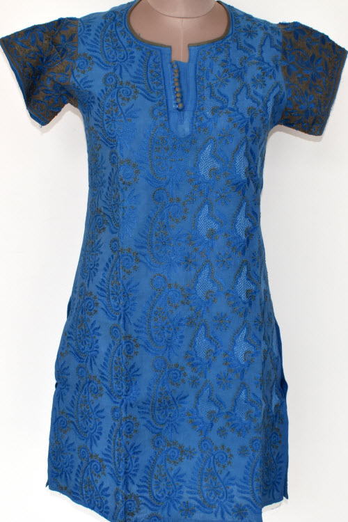 XS 36 Blue Chikankari Stitched Cotton Short Kurti 17929
