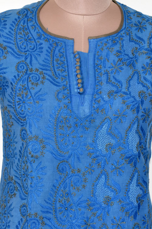 XS 36 Blue Chikankari Stitched Cotton Short Kurti 17929