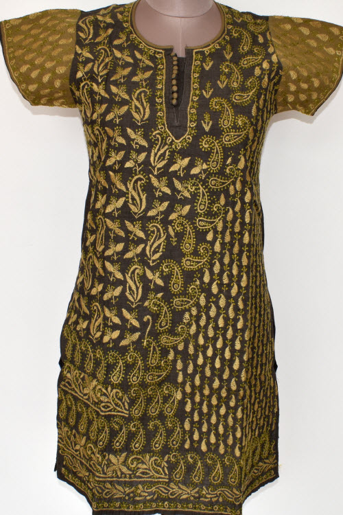XS 36 Black- Fawn Chikankari Stitched Cotton Short Kurti 17930
