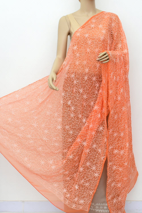 Light Orange Tepchi Work Chikankari Dupatta