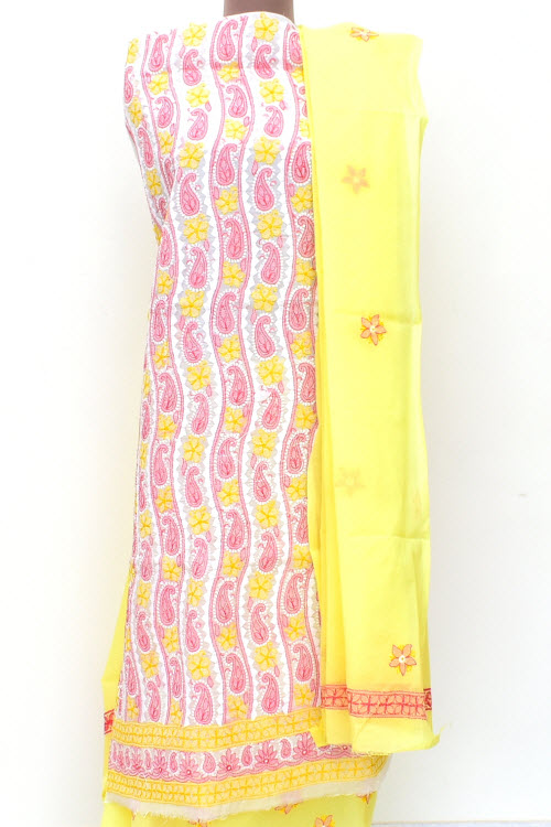 White-Yellow-Pink Chikankari Salwar Kameez with Dupatta