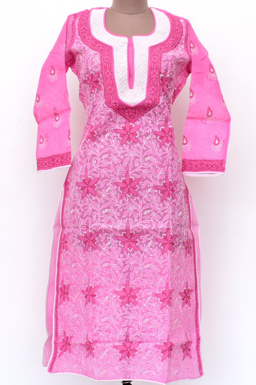 L 42 Pink Chikankari Stitched Cotton Kurti 18019