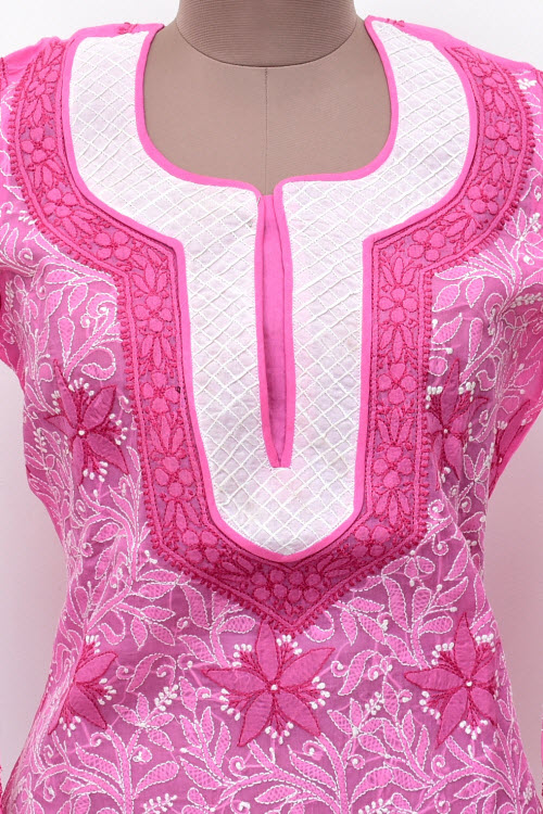 L 42 Pink Chikankari Stitched Cotton Kurti 18019