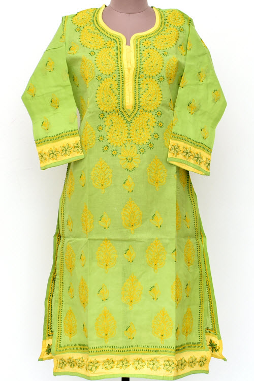 L 42 Pista Green Chikankari Stitched Cotton Kurti 18021