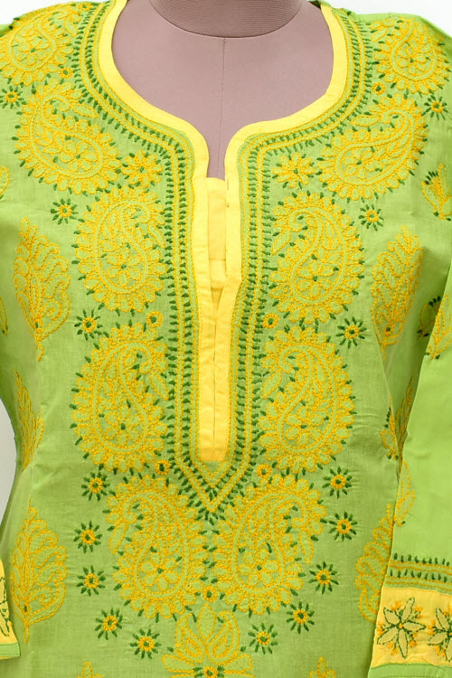 L 42 Pista Green Chikankari Stitched Cotton Kurti 18021