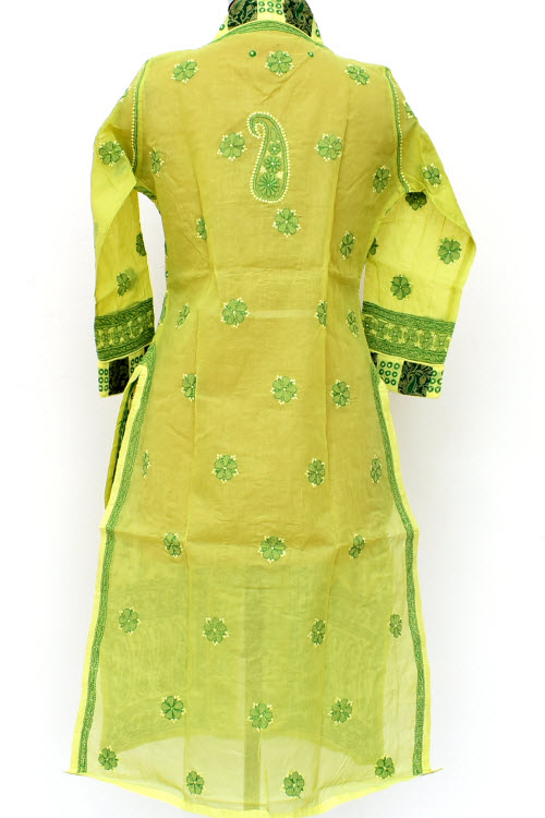 L 42 Yellow-Green Chikankari Stitched Cotton Kurti 18023