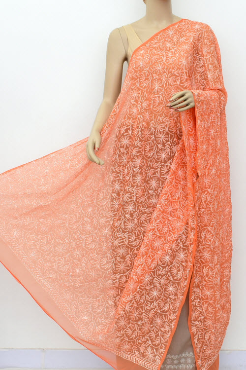 Light Orange Allover Hand Embroidered Tepchi Work Lucknowi Chikankari Dupatta Georgette