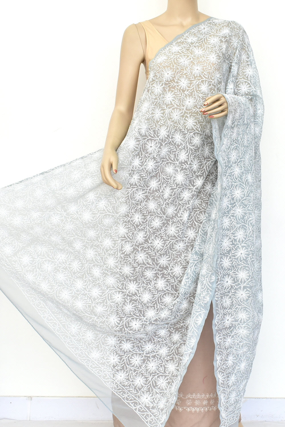 Light Grey Allover Hand Embroidered Tepchi Work Lucknowi Chikankari Dupatta Georgette