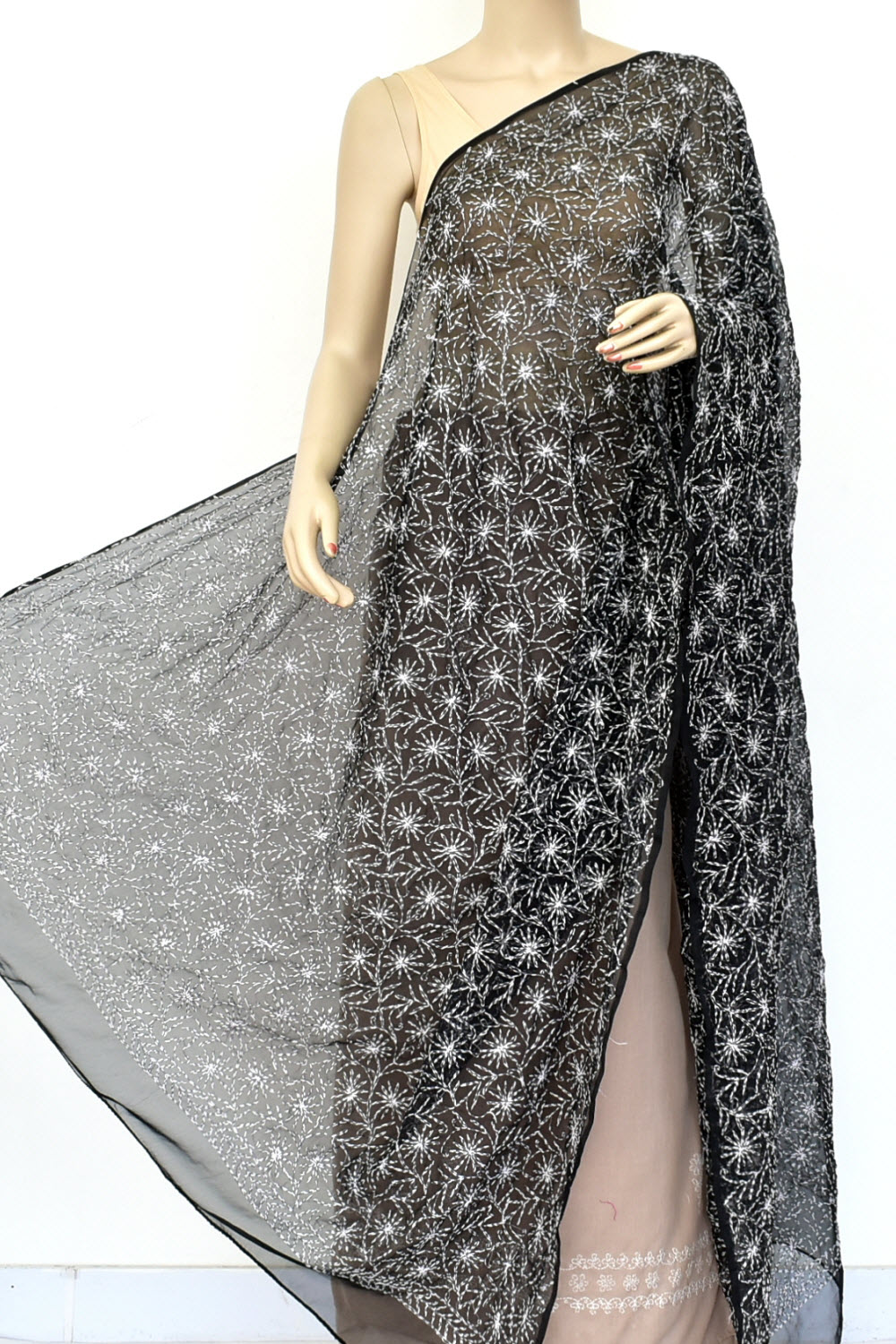 Black Allover Hand Embroidered Tepchi Work Lucknowi Chikankari Dupatta Georgette