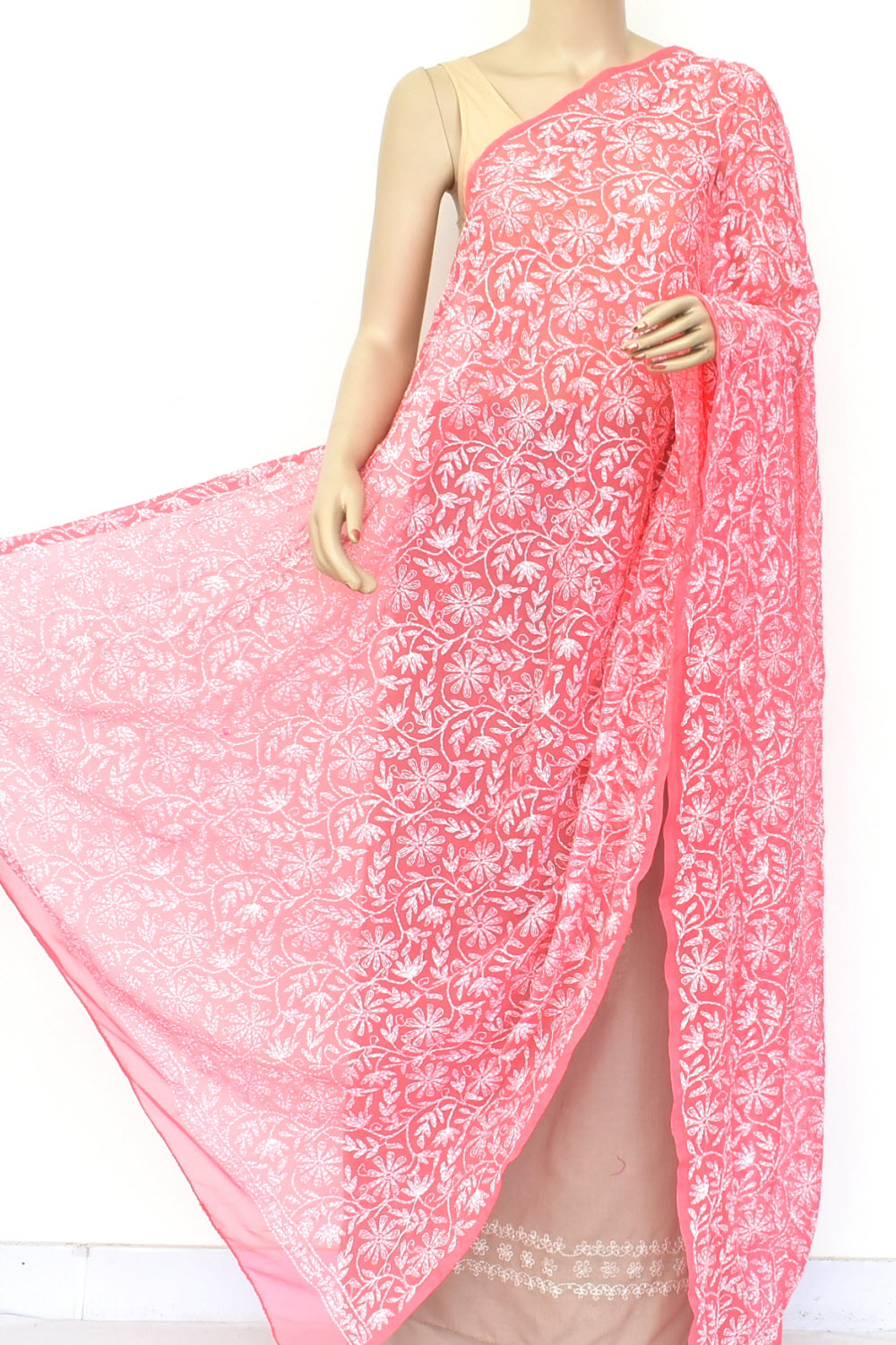 Carrot Allover Hand Embroidered Tepchi Work Lucknowi Chikankari Dupatta Georgette