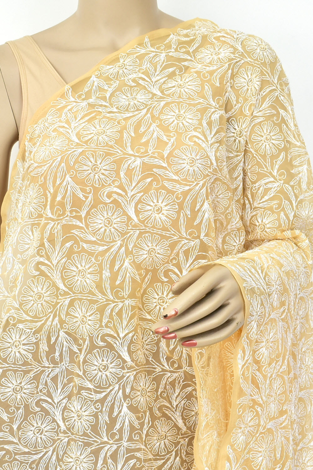 Beige Allover Hand Embroidered Tepchi Work Lucknowi Chikankari Dupatta Georgette