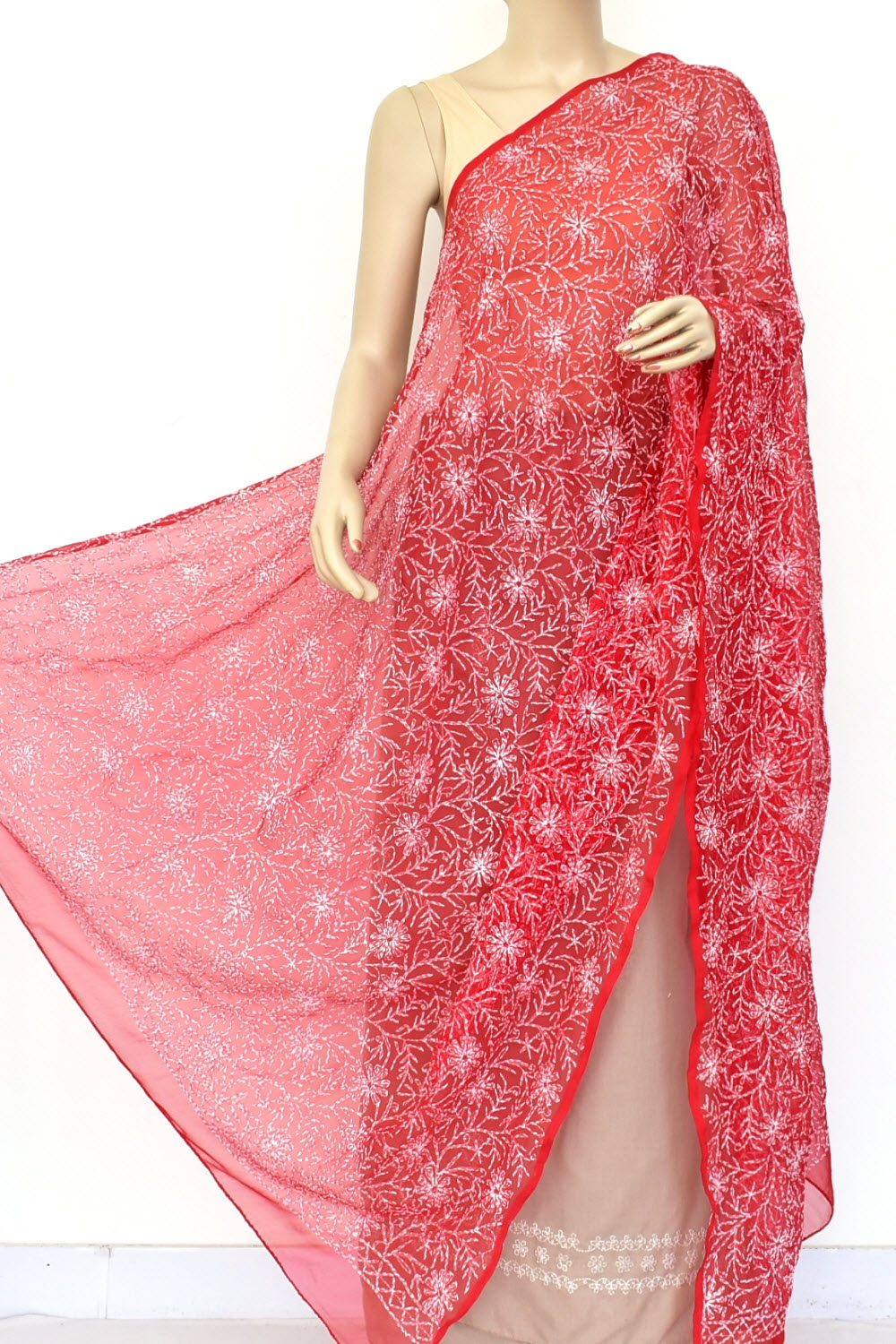 Red Allover Hand Embroidered Tepchi Work Lucknowi Chikankari Dupatta Georgette