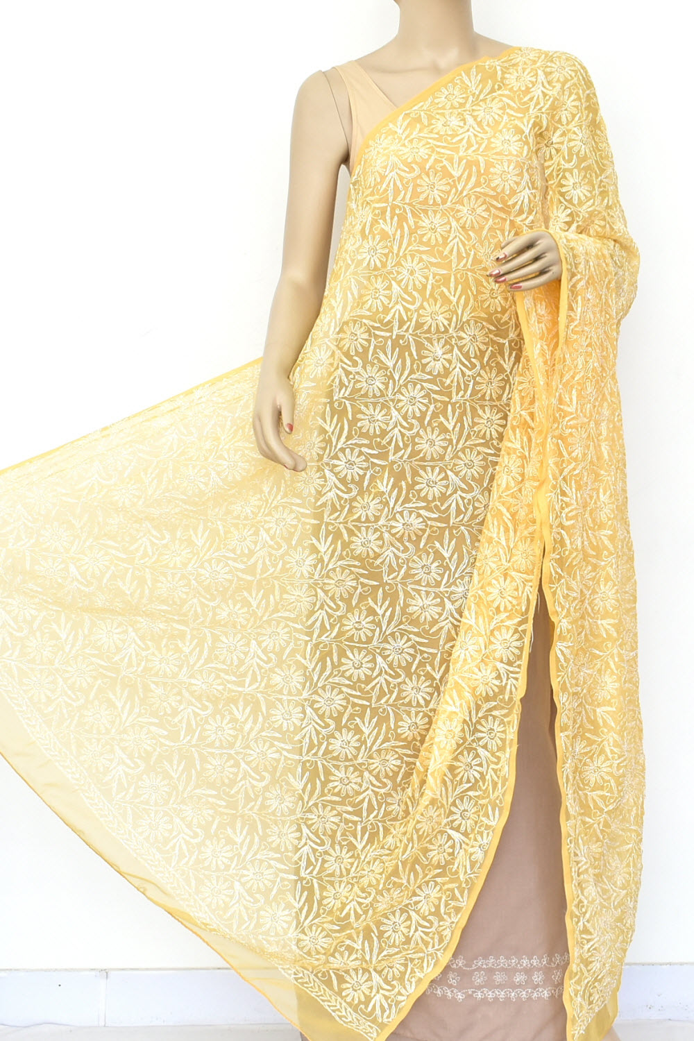 Fawn Allover Hand Embroidered Tepchi Work Lucknowi Chikankari Dupatta Georgette