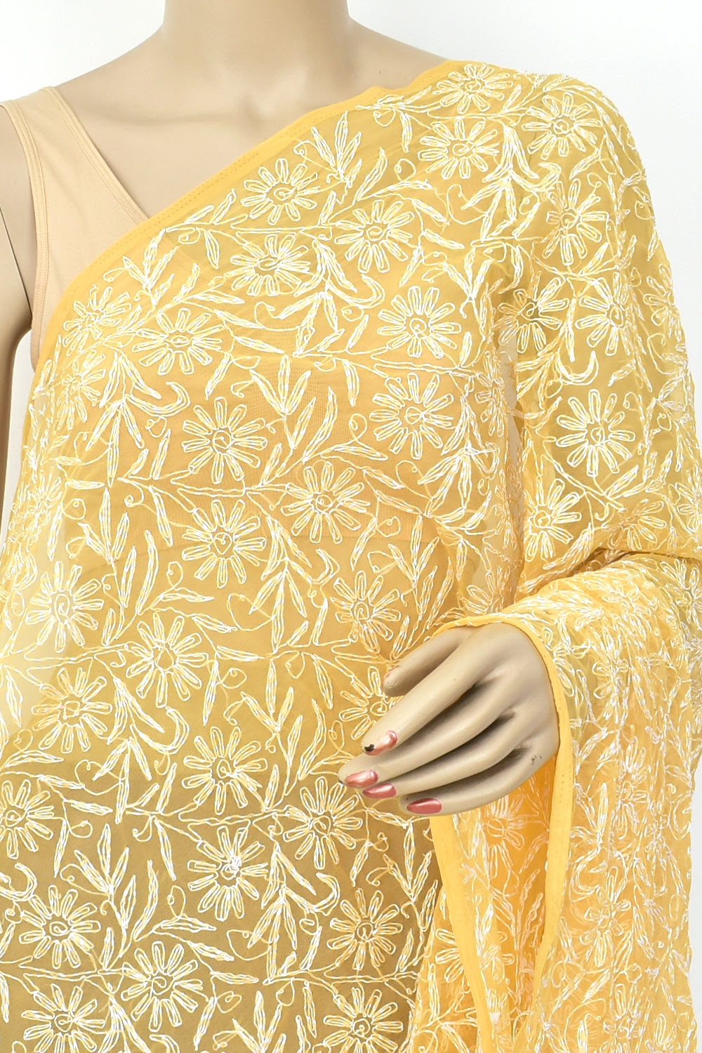 Fawn Allover Hand Embroidered Tepchi Work Lucknowi Chikankari Dupatta Georgette