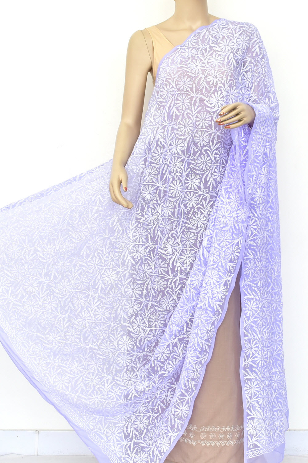 Lavender Allover Hand Embroidered Tepchi Work Lucknowi Chikankari Dupatta Georgette