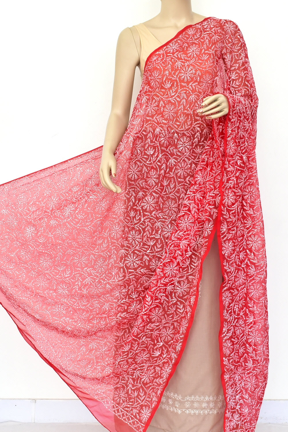 Red Allover Hand Embroidered Tepchi Work Lucknowi Chikankari Dupatta Georgette