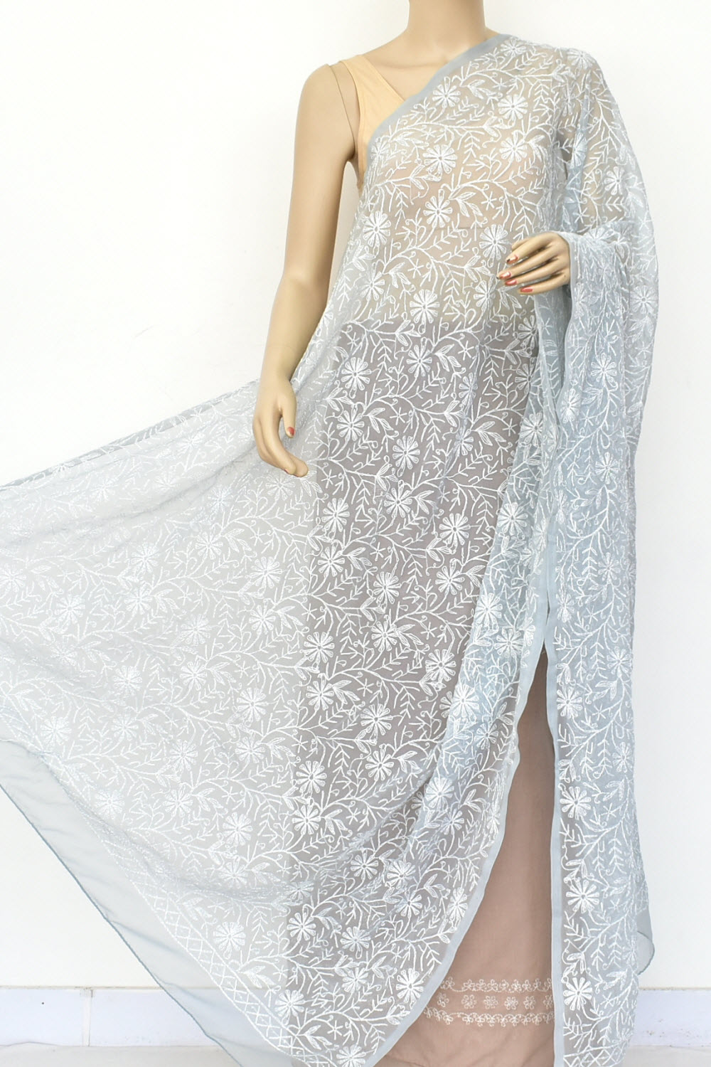 Grey Allover Hand Embroidered Tepchi Work Lucknowi Chikankari Dupatta Georgette