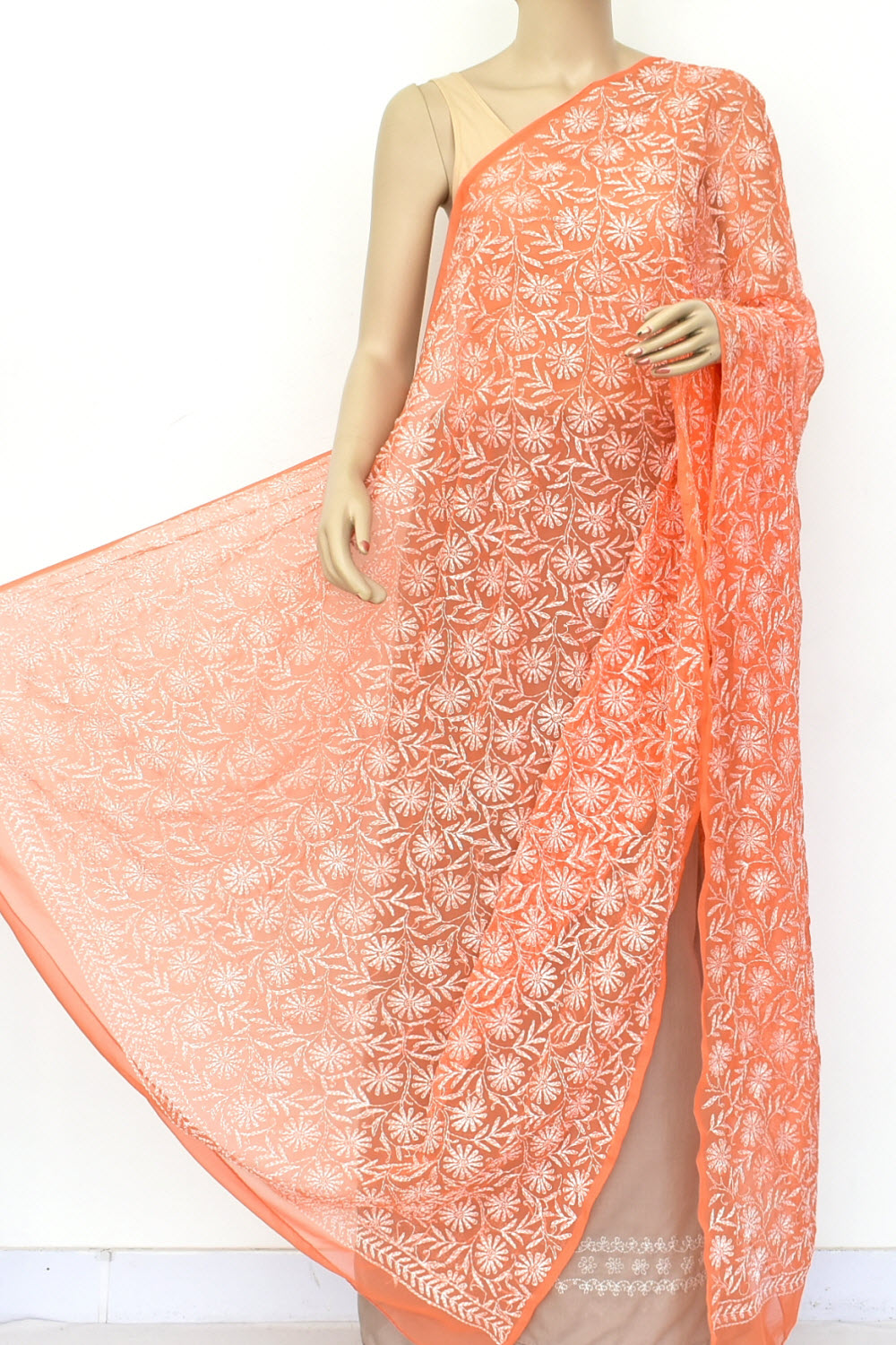 Orange Allover Hand Embroidered Tepchi Work Lucknowi Chikankari Dupatta Georgette