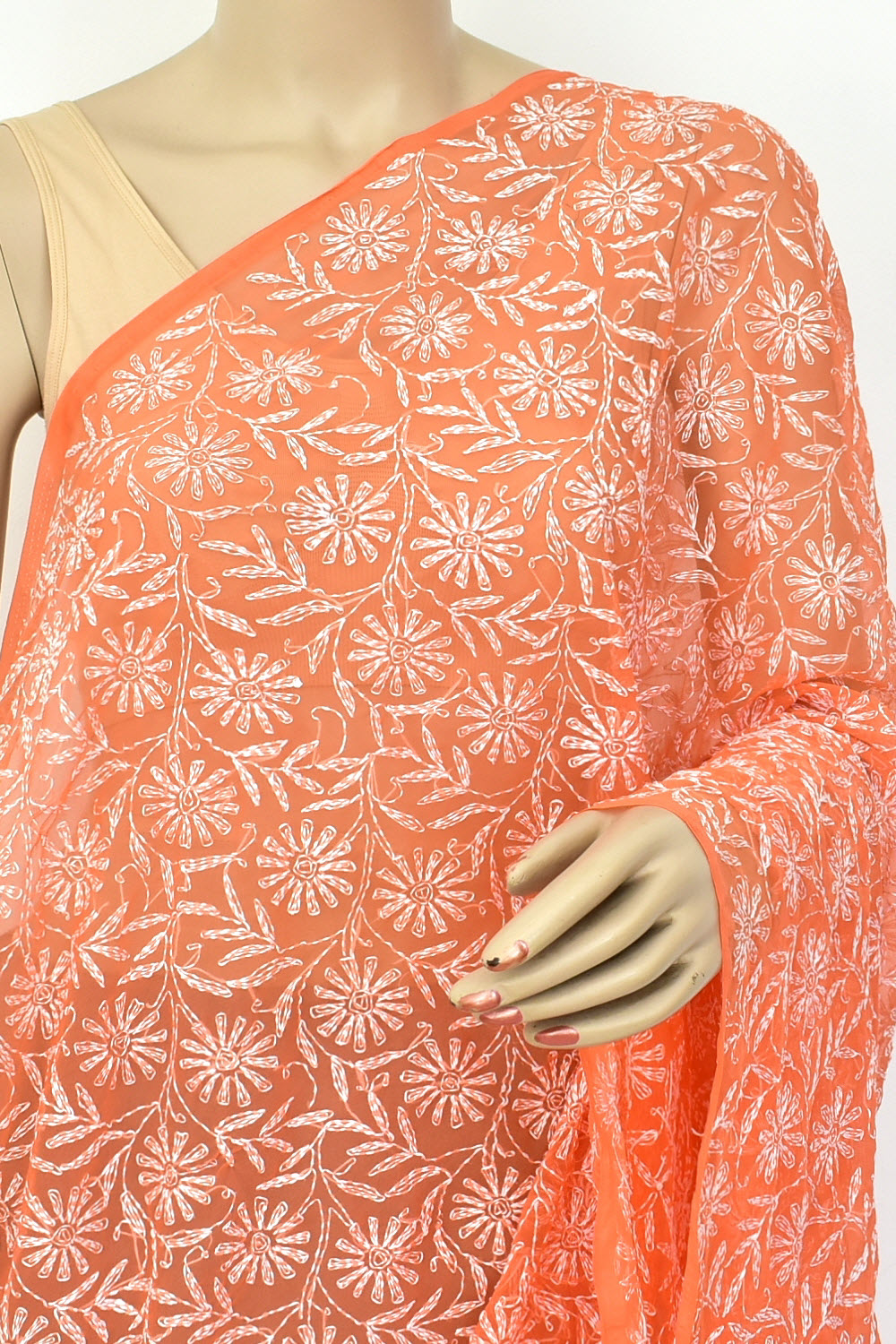 Orange Allover Hand Embroidered Tepchi Work Lucknowi Chikankari Dupatta Georgette