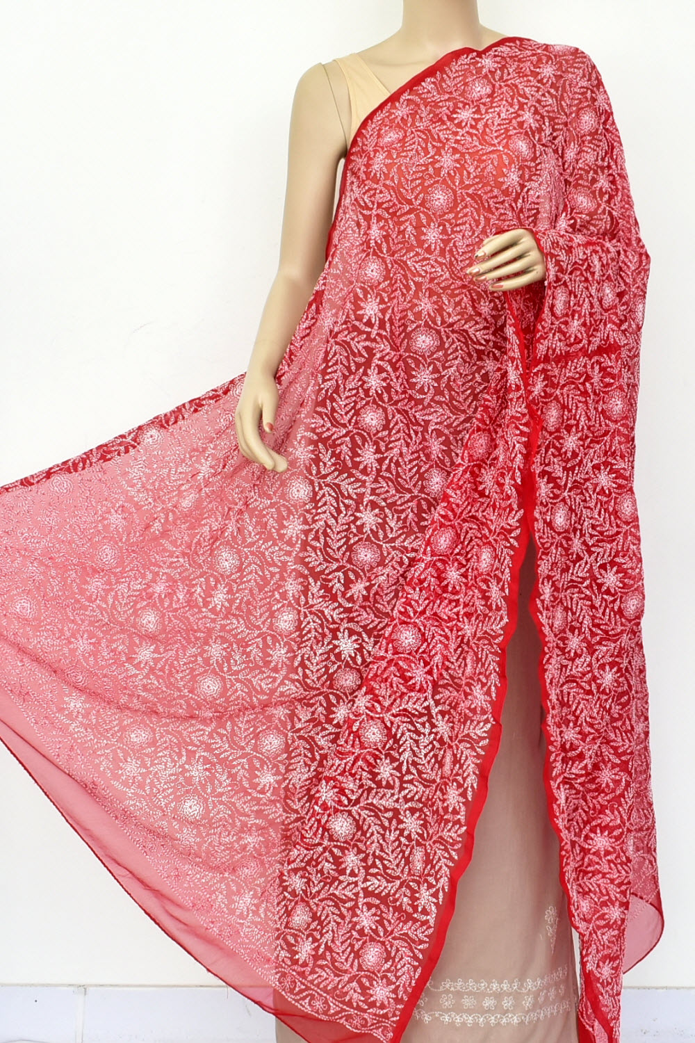 Red Allover Hand Embroidered Tepchi Work Lucknowi Chikankari Dupatta Georgette