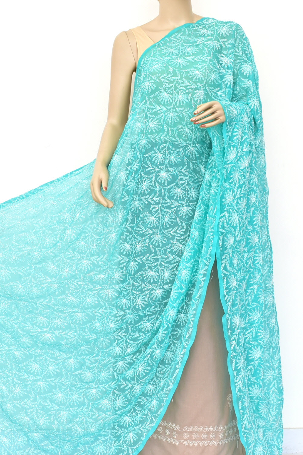 Sea Green Allover Hand Embroidered Tepchi Work Lucknowi Chikankari Dupatta Georgette