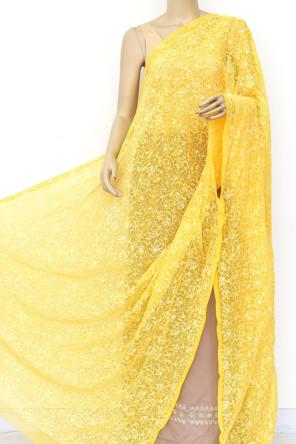 Golden Yellow Allover Hand Embroidered Tepchi Work Lucknowi Chikankari Dupatta Georgette