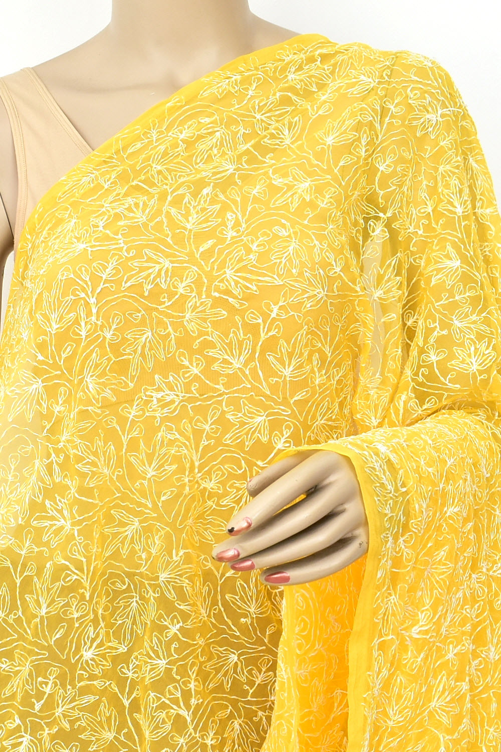 Golden Yellow Allover Hand Embroidered Tepchi Work Lucknowi Chikankari Dupatta Georgette