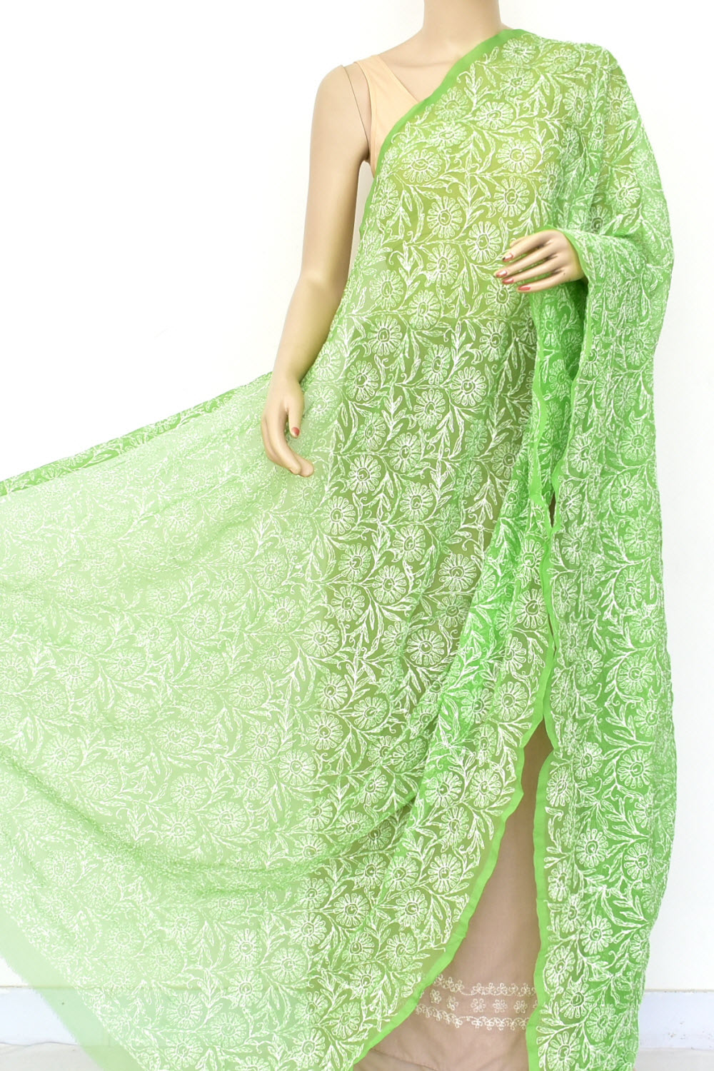 Mehandi Green Allover Hand Embroidered Tepchi Work Lucknowi Chikankari Dupatta Georgette
