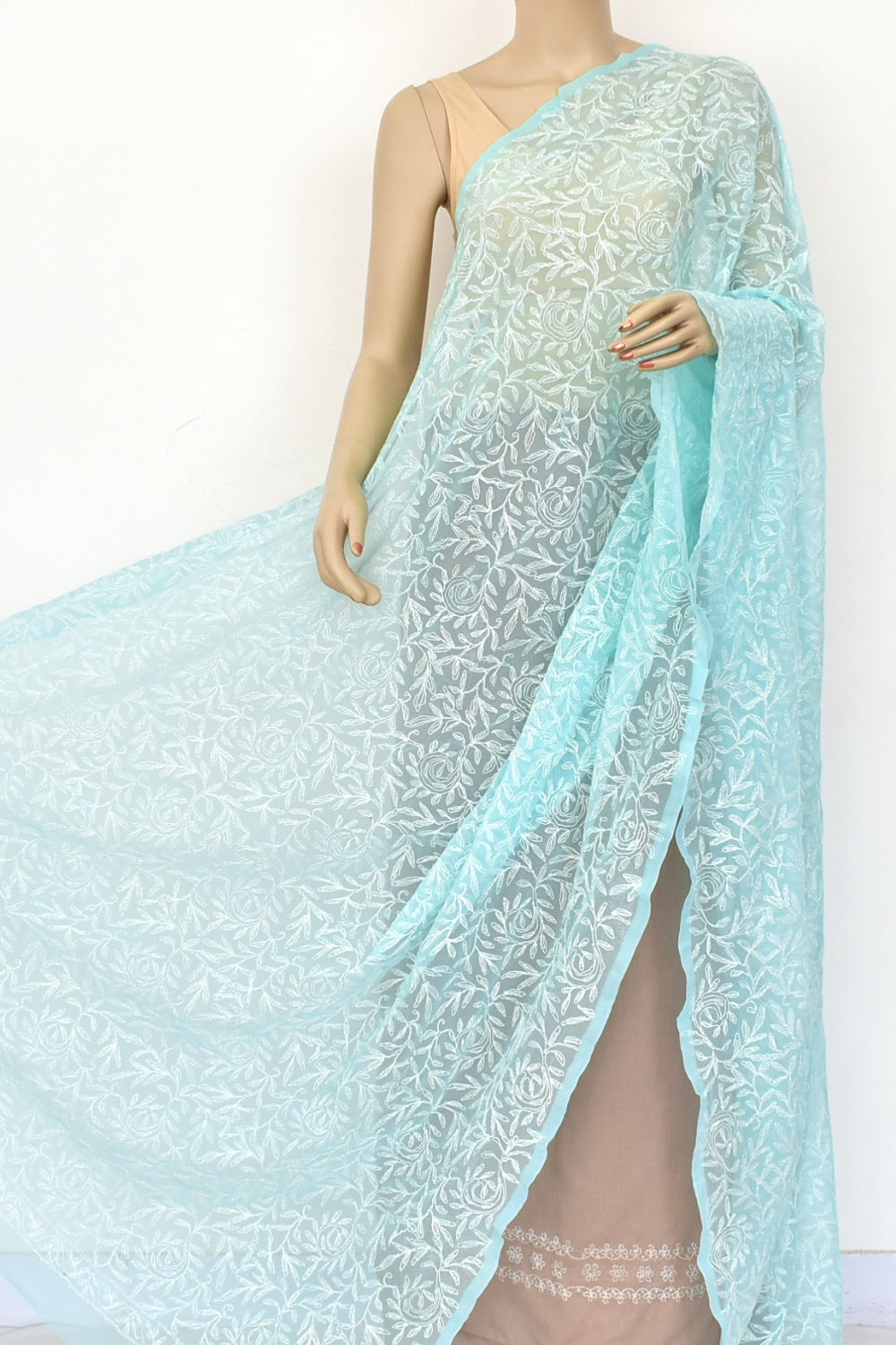 Powder Blue Allover Hand Embroidered Tepchi Work Lucknowi Chikankari Dupatta Georgette