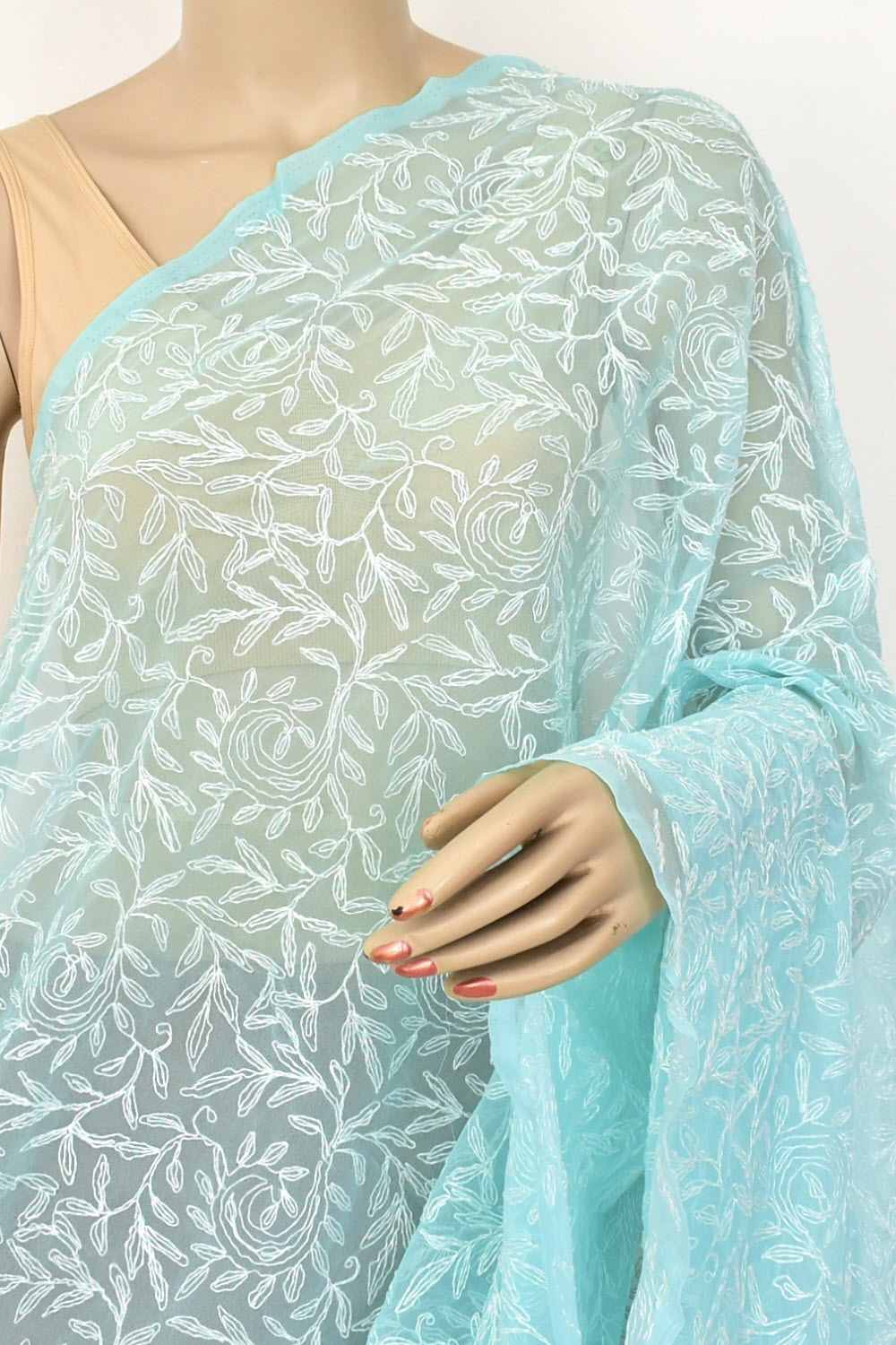 Powder Blue Allover Hand Embroidered Tepchi Work Lucknowi Chikankari Dupatta Georgette