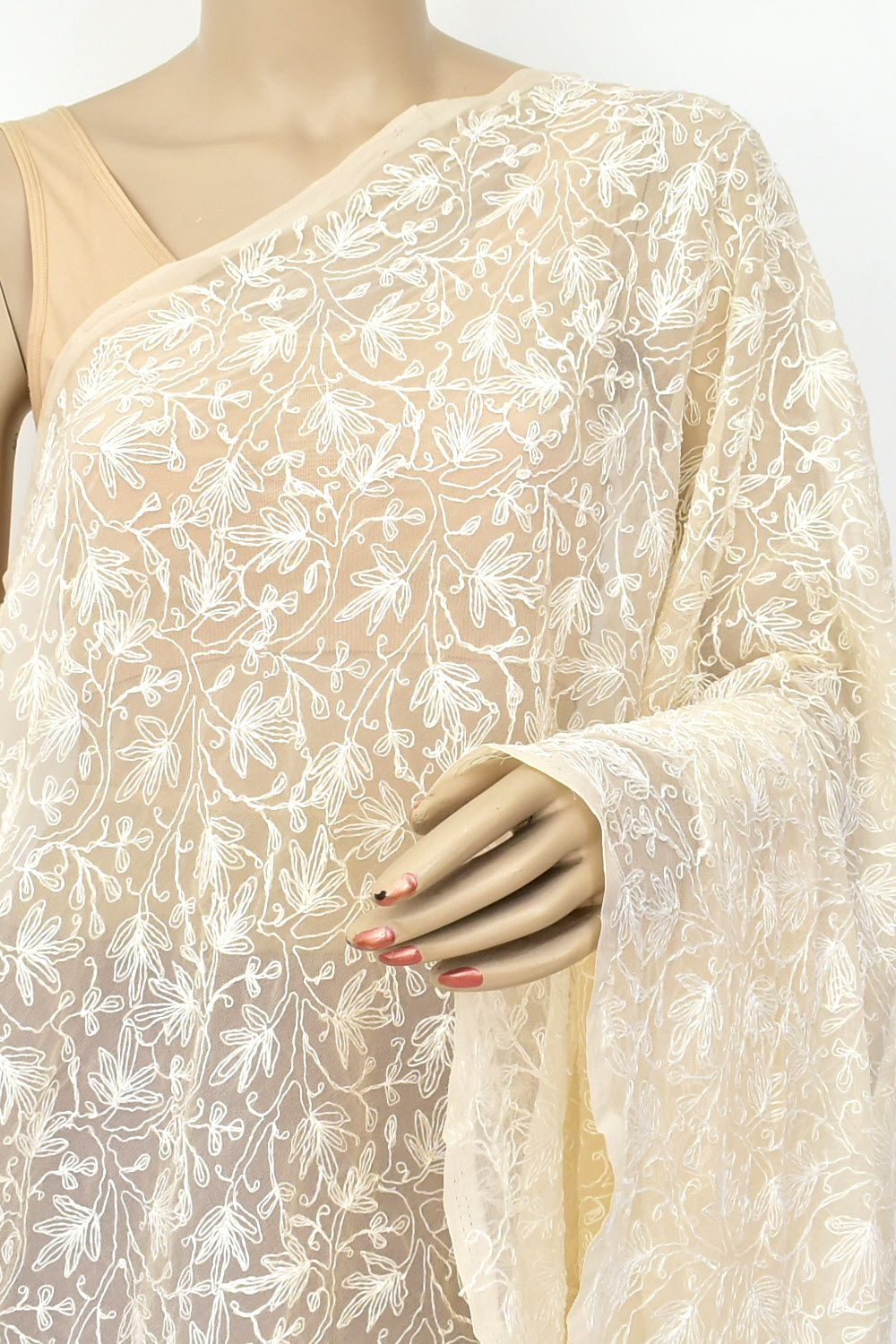 Light Fawn Allover Hand Embroidered Tepchi Work Lucknowi Chikankari Dupatta Georgette