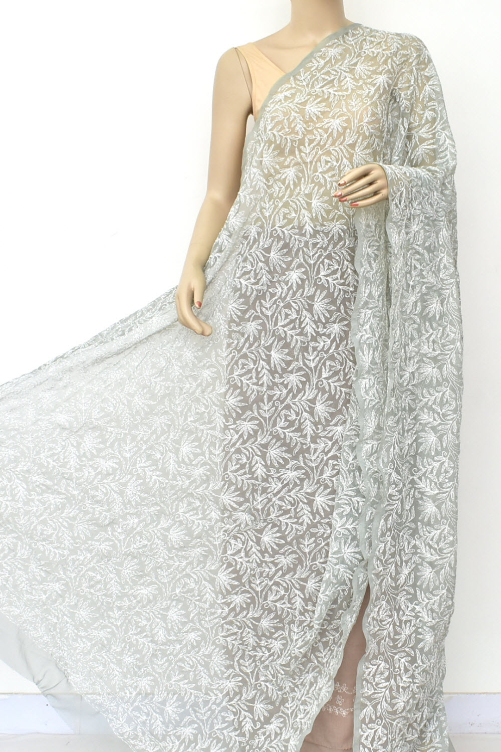 Grey Allover Hand Embroidered Tepchi Work Lucknowi Chikankari Dupatta Georgette