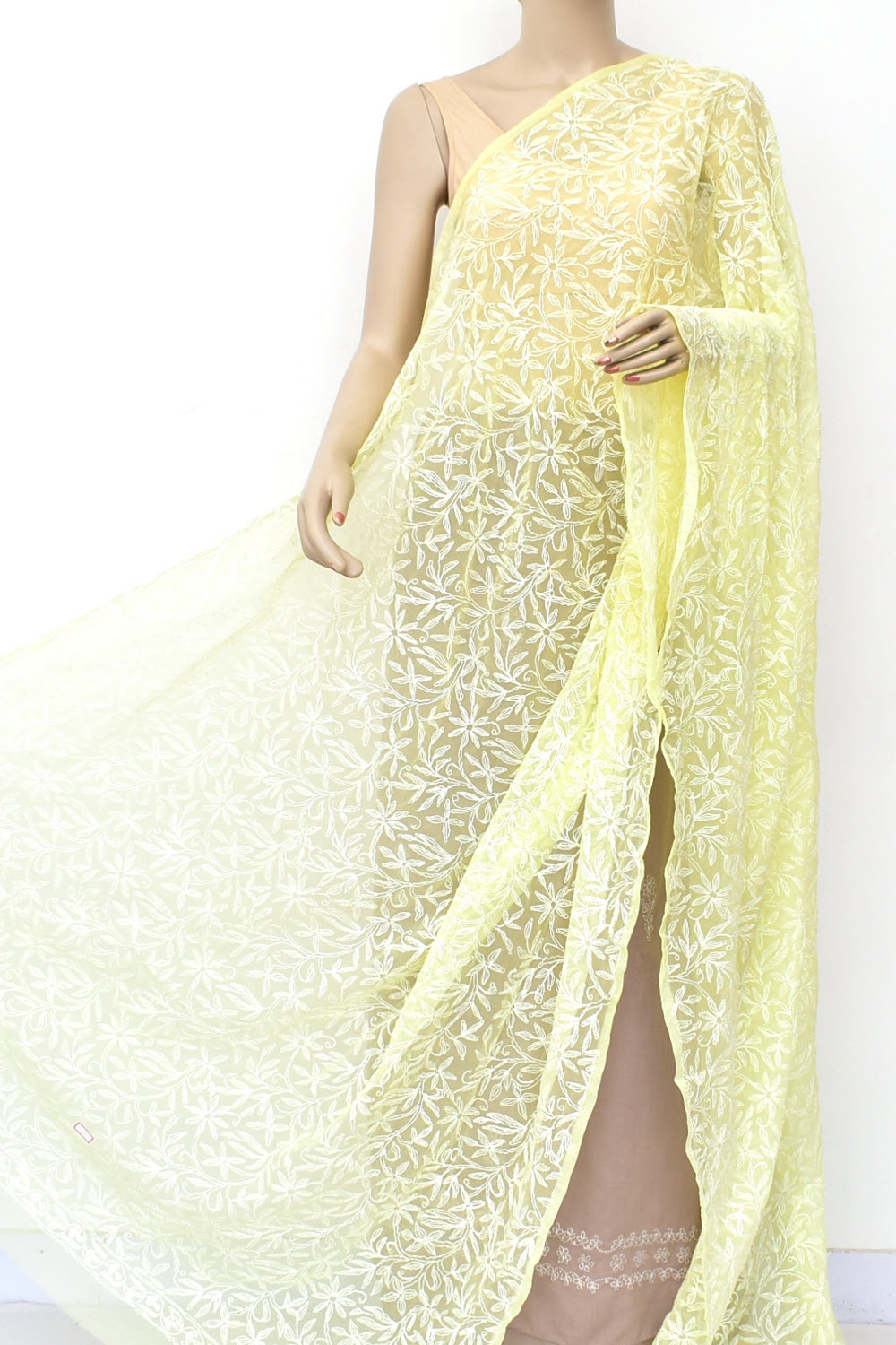 Beige Allover Hand Embroidered Tepchi Work Lucknowi Chikankari Georgette Dupatta 240 MR 18067