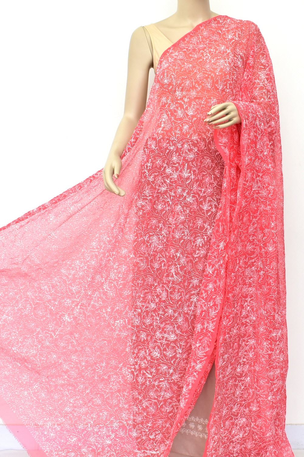 Carrot Red Allover Hand Embroidered Tepchi Work Lucknowi Chikankari Georgette Dupatta 240 MR 18068