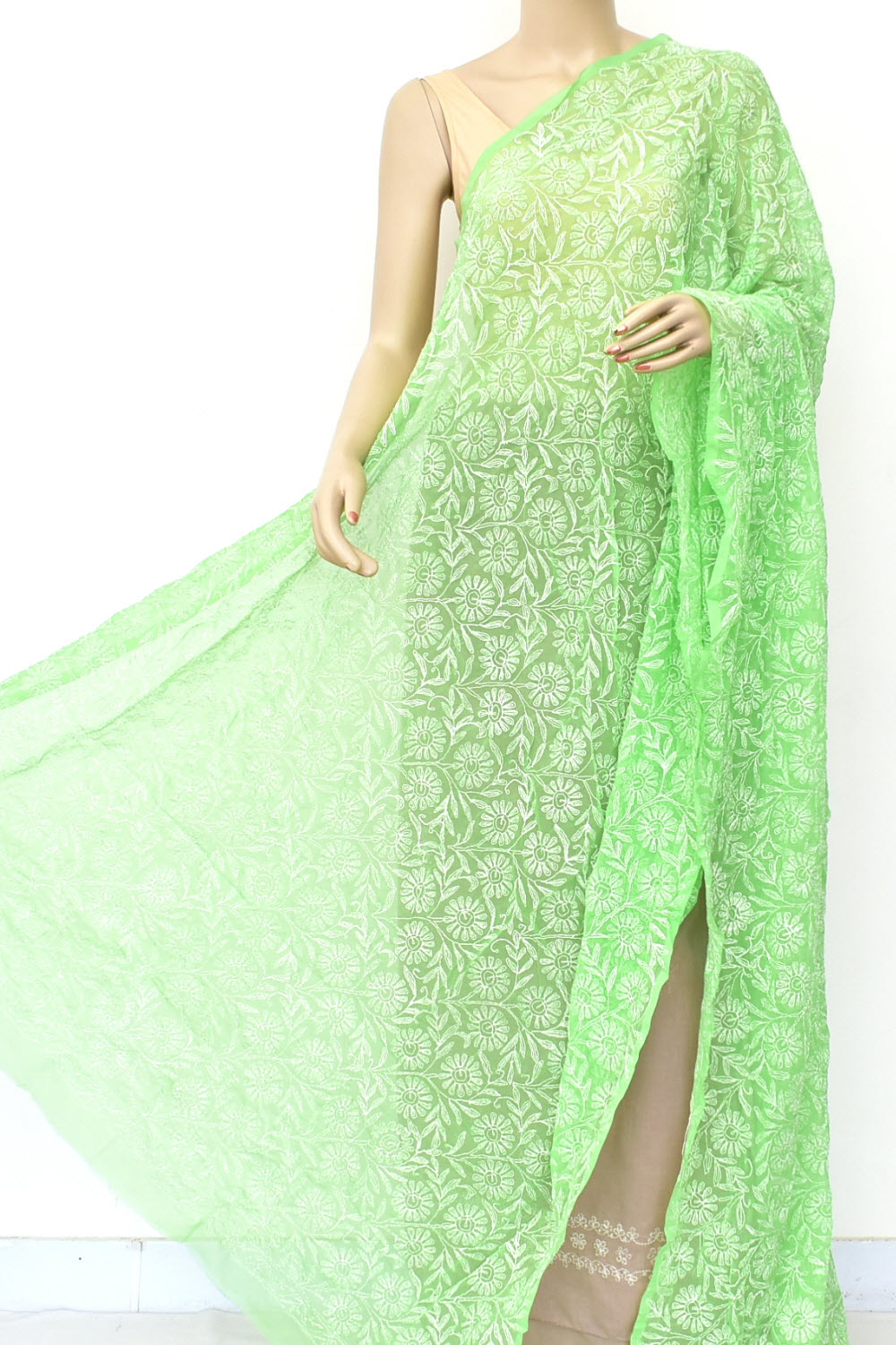 Pista Green Allover Hand Embroidered Tepchi Work Lucknowi Chikankari Georgette Dupatta 240 MR 18069