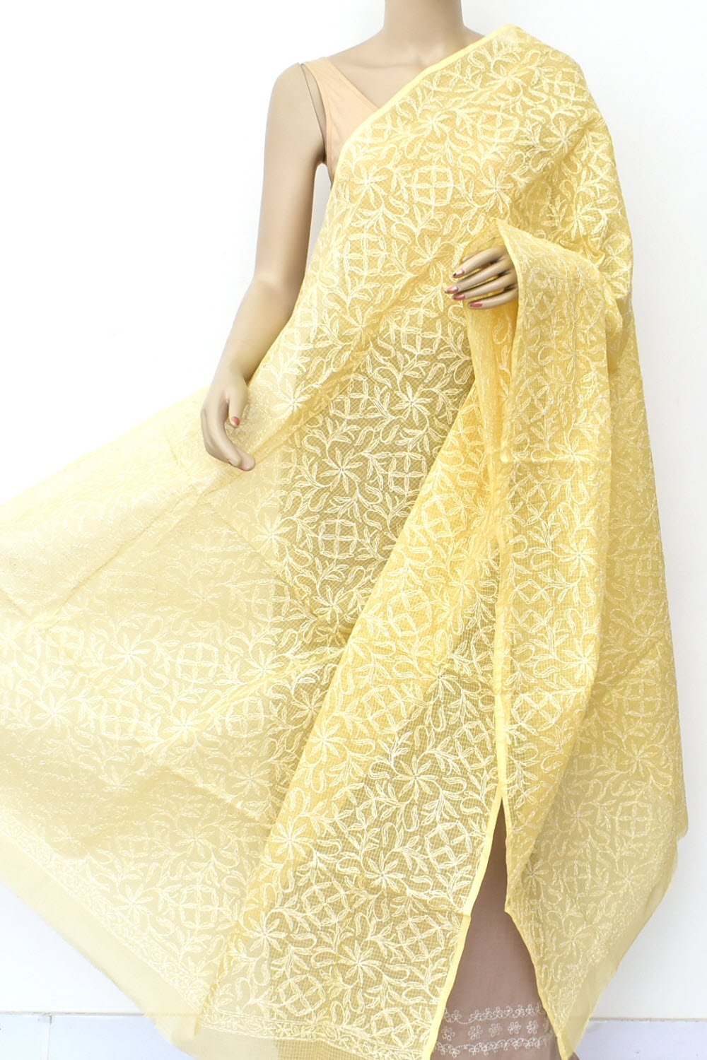 Beige Allover Hand Embroidered Tepchi Work Lucknowi Chikankari Kota Doria Cotton Dupatta 240 MR 18070
