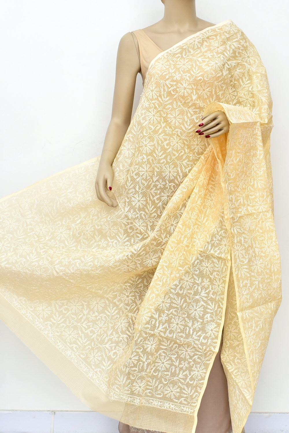 Fawn Allover Hand Embroidered Tepchi Work Lucknowi Chikankari Kota Doria Cotton Dupatta 240 MR 18083