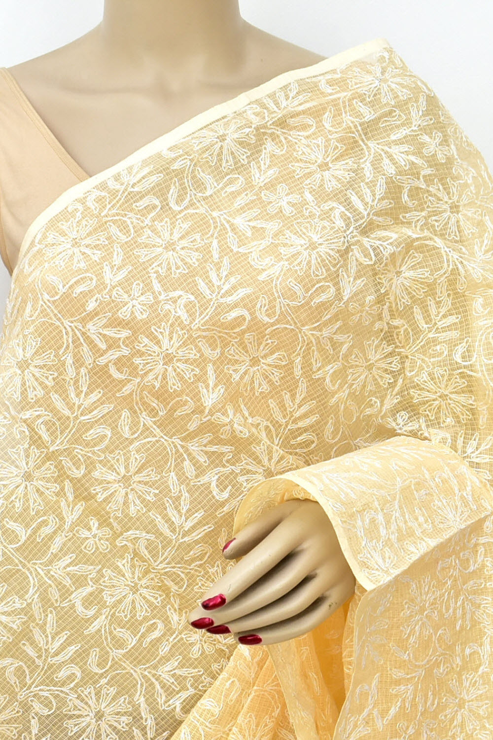 Fawn Allover Hand Embroidered Tepchi Work Lucknowi Chikankari Kota Doria Cotton Dupatta 240 MR 18083