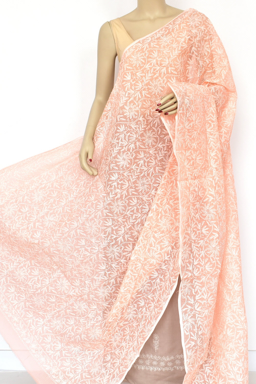 Light Orange Allover Hand Embroidered Tepchi Work Lucknowi Chikankari Kota Doria Cotton Dupatta 280 MR 18092