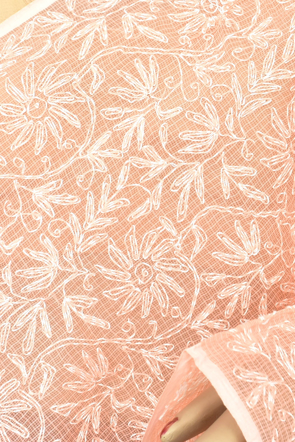 Light Orange Allover Hand Embroidered Tepchi Work Lucknowi Chikankari Kota Doria Cotton Dupatta 280 MR 18092